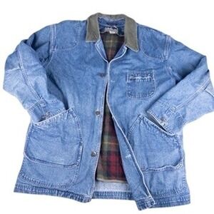 LL Bean Denim Chore Jacket Mens Large Blue Barn Coat Plaid Lined Good Condition